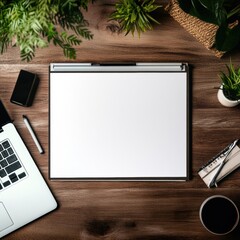 Aufkleber - Workspace setup with laptop, notepad, coffee cup, and plants for productive creative thinking. Generative AI