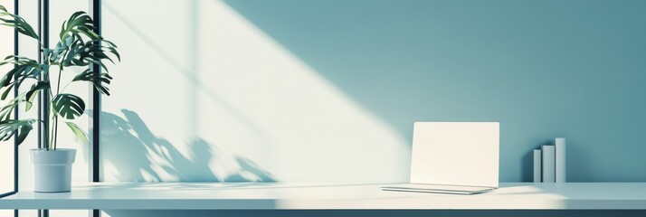 Aufkleber - Bright and minimalistic workspace featuring a laptop and greenery in a well lit room. Generative AI