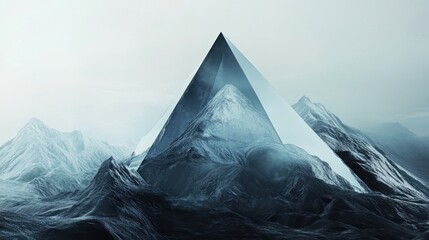 Poster - Abstract Pyramid Mountain Landscape with Geometric Overlap in Blue Shades