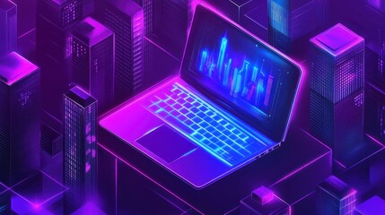 Poster - Laptop displaying financial charts amidst neon cityscape, ideal for tech or finance visuals