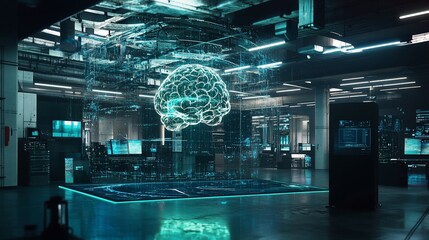 Poster - abstract brain hologram, futuristic technology in a data center setting with computers