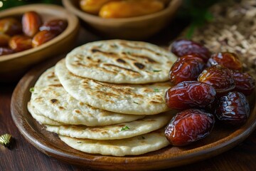 Wall Mural - A plate of tortillas and dried fruit. The tortillas are stacked on top of each other and the dried fruit is scattered around them. The plate is on a wooden table