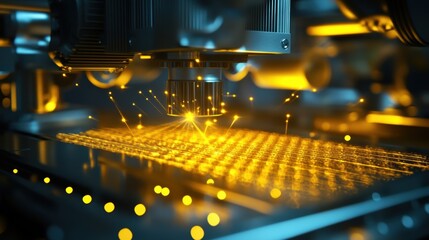 Poster - futuristic machinery uses cutting edge technology, emitting bright yellow lights, during an intricat