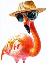 Wall Mural - A flamingo wearing sunglasses and a straw hat. The flamingo is standing on a white background