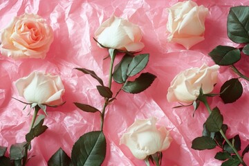 Wall Mural - pink background with white roses and green leaves. the roses are arranged in a way that they look li