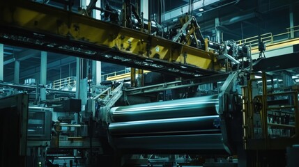 Poster - Industrial manufacturing process featuring a metallic sheet rolling machine