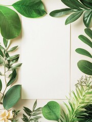 Fototapete - Green leaves surrounding a blank sheet of paper on a light background for creative projects and ideas. Generative AI