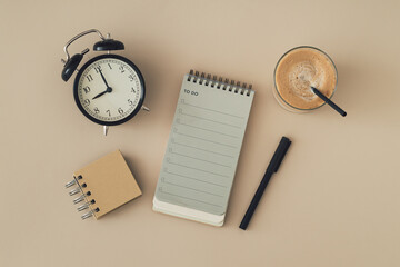 Wall Mural - Coffee, To do list notepad, black pen and retro alarm clock. Planner for organization and goal priorities. Writing down tasks and schedule reminders on office desk. Planning concept. Flat lay style.