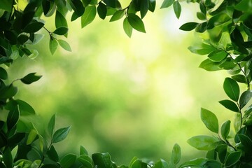 Poster - Lush green leaves framing a vibrant natural backdrop in a serene outdoor setting. Generative AI