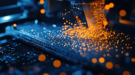 Poster - Orange particles flowing from robotic arm and creating circuit board, representing innovative manufacturing and advanced technology in electronics production