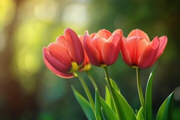Poster - Bright pink tulips blooming in a garden during the golden hour of spring. Generative AI