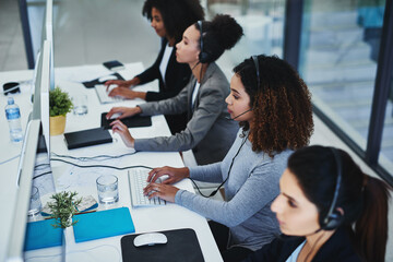 Aufkleber - Customer support, call center and business women on computer for help, communication and consulting. Office, virtual assistant and people with headset for contact, crm service and online receptionist