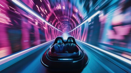 Poster - Futuristic Couple Experience Thrilling Ride Through Neon-Lit Tunnel at High Speed