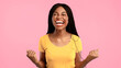 © Prostock-studio - Yes, I Did It. Emotional African American Woman Gesturing Yes In Joy Celebrating Success Posing On Blue Background. Victory Concept. Studio Shot, Panorama