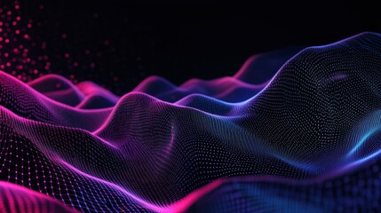 Poster - Abstract digital landscape with glowing mesh and particles in dark background