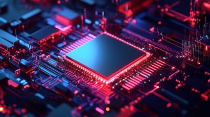 Poster - Complex Circuit Board with Central Processor in Blue and Red Light Technology
