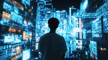 Poster - A person is facing a futuristic city with holographic glowing blue lights