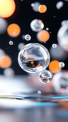 Poster - Floating Transparent Bubbles with Orange Lights and Dark Background