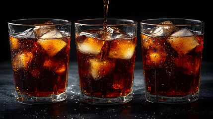 Wall Mural - Three Glasses of Iced Cola on Dark Background