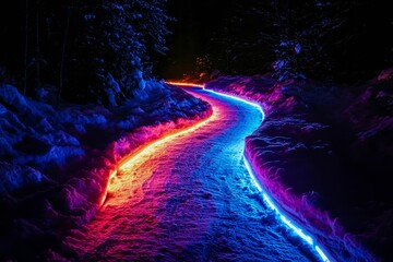 Poster - Abstract neon light trails against deep black background.