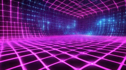 Poster - Vibrant Retro Grid Tunnel with Dynamic Pink and Blue Neon Lights