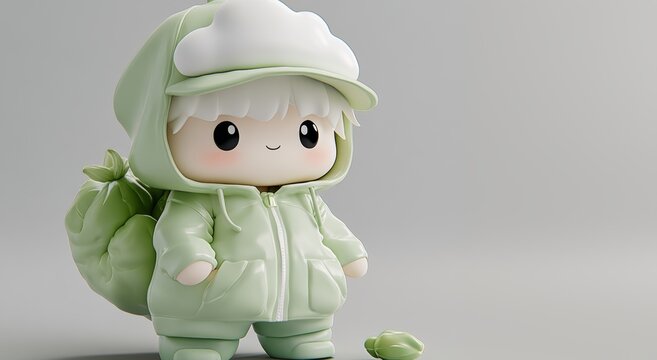 Cute kawaii boy character wearing green clothes and carrying bag: 3d render