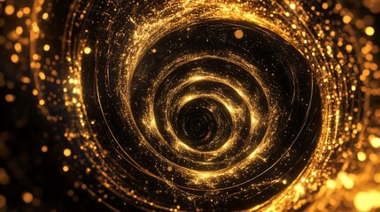 Poster - Golden Glowing Swirl of Light Particles in Dark Cosmic Space Tunnel Effect