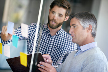 Aufkleber - Scrum, teamwork and tablet with business people in in office for planning, brainstorming and calendar schedule. Project management, sticky note and moodboard with men in creative startup for idea