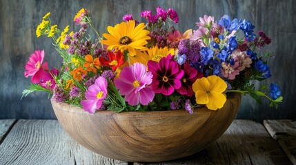Aufkleber - A beautiful wooden bowl filled with an array of colorful flowers, highlighting nature vivid hues against a rustic and charming backdrop.