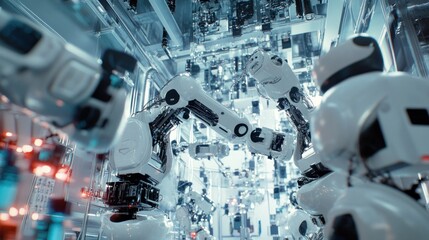 Poster - Futuristic Robot Factory Assembly Line with Automated Robotic Arms in Action