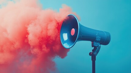 Poster - A blue megaphone emitting swirling red smoke, with a soft blue background, highlighting the dynamic contrast of colors in an artistic, creative expression.