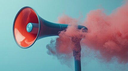 Poster - A blue megaphone emitting swirling red smoke, with a soft blue background, highlighting the dynamic contrast of colors in an artistic, creative expression.