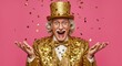 © IbragimovN - Cheerful elderly man in golden suit and top hat surrounded by falling confetti