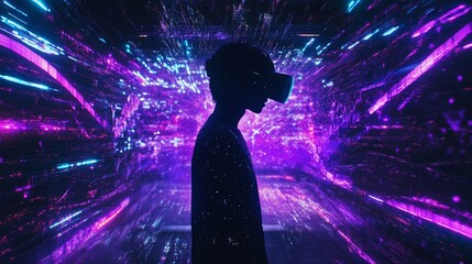 Poster - Person Exploring a Futuristic Virtual Reality World with Glowing Geometric Design