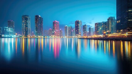 Poster - A bustling metropolitan skyline comes to life with vibrant lights reflecting in a calm harbor at blue hour, capturing the energy and beauty of the city at twilight.