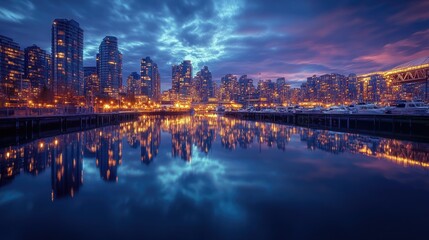 Poster - A bustling metropolitan skyline comes to life with vibrant lights reflecting in a calm harbor at blue hour, capturing the energy and beauty of the city at twilight.