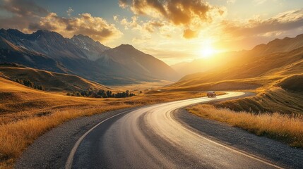 Poster - A car meanders along a mountain road as the sun sets, illuminating the landscape in a warm glow and creating a captivating scene of natural beauty.