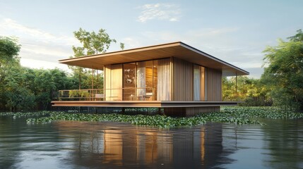 Aufkleber - A charming wooden home elevated above floodwaters, surrounded by floating greenery, offering a striking contrast to the rising waters and showcasing nature endurance.