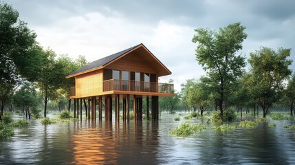 Aufkleber - A charming wooden home elevated above floodwaters, surrounded by floating greenery, offering a striking contrast to the rising waters and showcasing nature endurance.