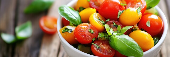 Aufkleber - Colorful cherry tomatoes and fresh basil leaves in a bowl on a wooden table. Generative AI