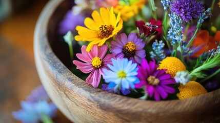Aufkleber - A close-up of a wooden bowl brimming with colorful flowers, capturing the essence of nature beauty in a rustic, cozy setting.