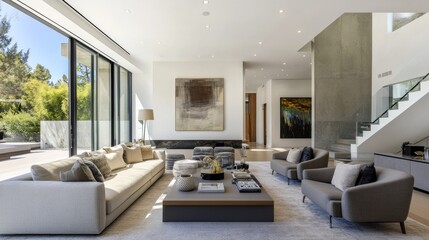 Poster - A contemporary and chic living room with light beige, gray furniture, and a subtle microcement background ideal for showcasing artwork.