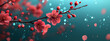 © LK  - Spring nature, sakura branch with pink flowers on dark turquoise background closeup macro shot. Floral spring banner or greeting card.