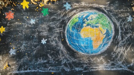 Poster - A creative chalk drawing featuring a globe under a protective roof, symbolizing the concept of global unity and collective responsibility.
