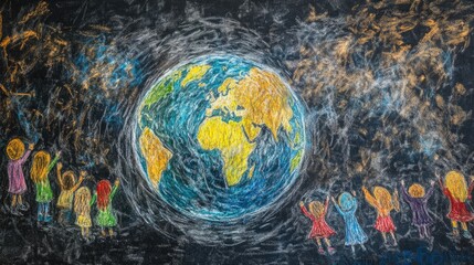 Poster - A creative chalk drawing featuring a globe under a protective roof, symbolizing the concept of global unity and collective responsibility.