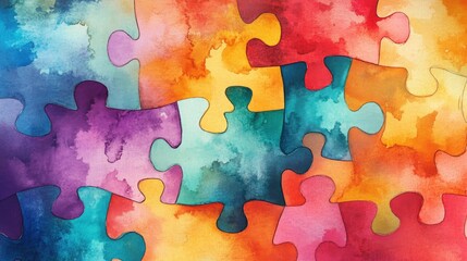 Poster - A creative puzzle piece design in fluid watercolor patterns, symbolizing integration and diversity, with vibrant colors blending seamlessly.