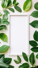Leinwandbilder - Beautifully arranged white frame surrounded by fresh green leaves on light background. Generative AI