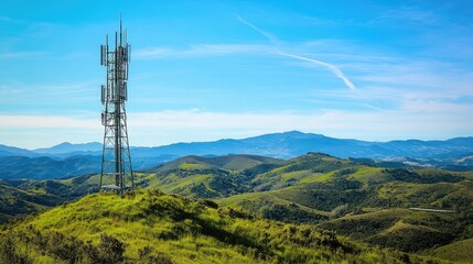 Poster - A cutting-edge telecom tower in the heart of a green valley, with a clear blue sky overhead, demonstrating how technology thrives in natural environments.
