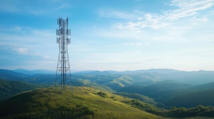 Poster - A cutting-edge telecom tower in the heart of a green valley, with a clear blue sky overhead, demonstrating how technology thrives in natural environments.