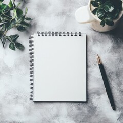 Aufkleber - Blank notebook on table with plants and pen creates a calm workspace atmosphere for creativity and organization. Generative AI